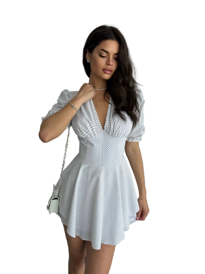 White Polka Dot Corset Jumpsuit Dress Women Soft Fabric Short Sleeve Zipper Back