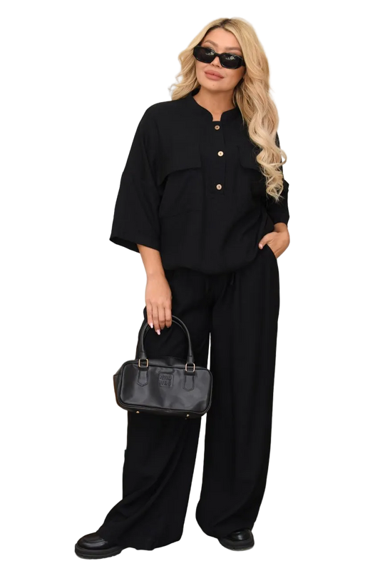 Black Linen Crinkle Two Piece Suit for Women Loose Top High Waist Wide Leg Pants