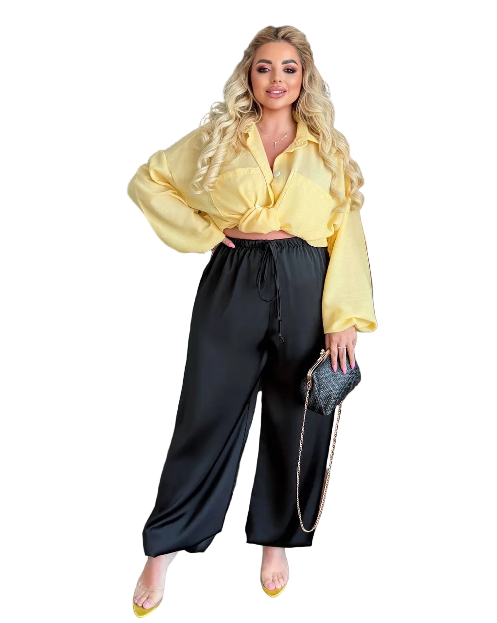 Black Aladdin Pants for Women Double Silk Harem Wide Leg Elastic Waist