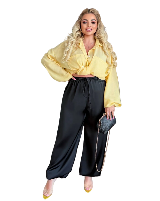 Black Aladdin Pants for Women Double Silk Harem Wide Leg Elastic Waist