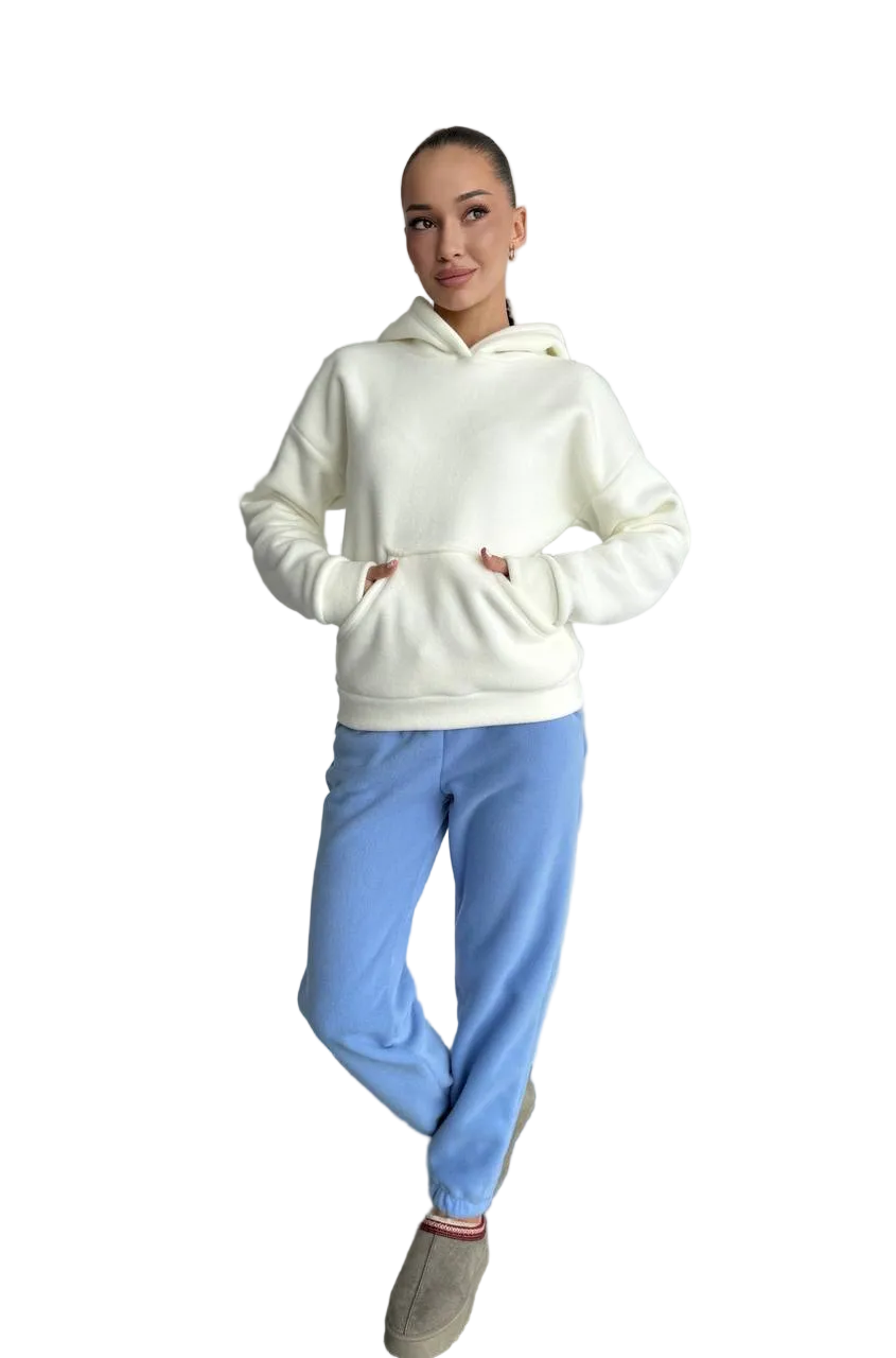 Womens Polar Fleece Tracksuit White Hoodie Blue Joggers Cozy Loungewear
