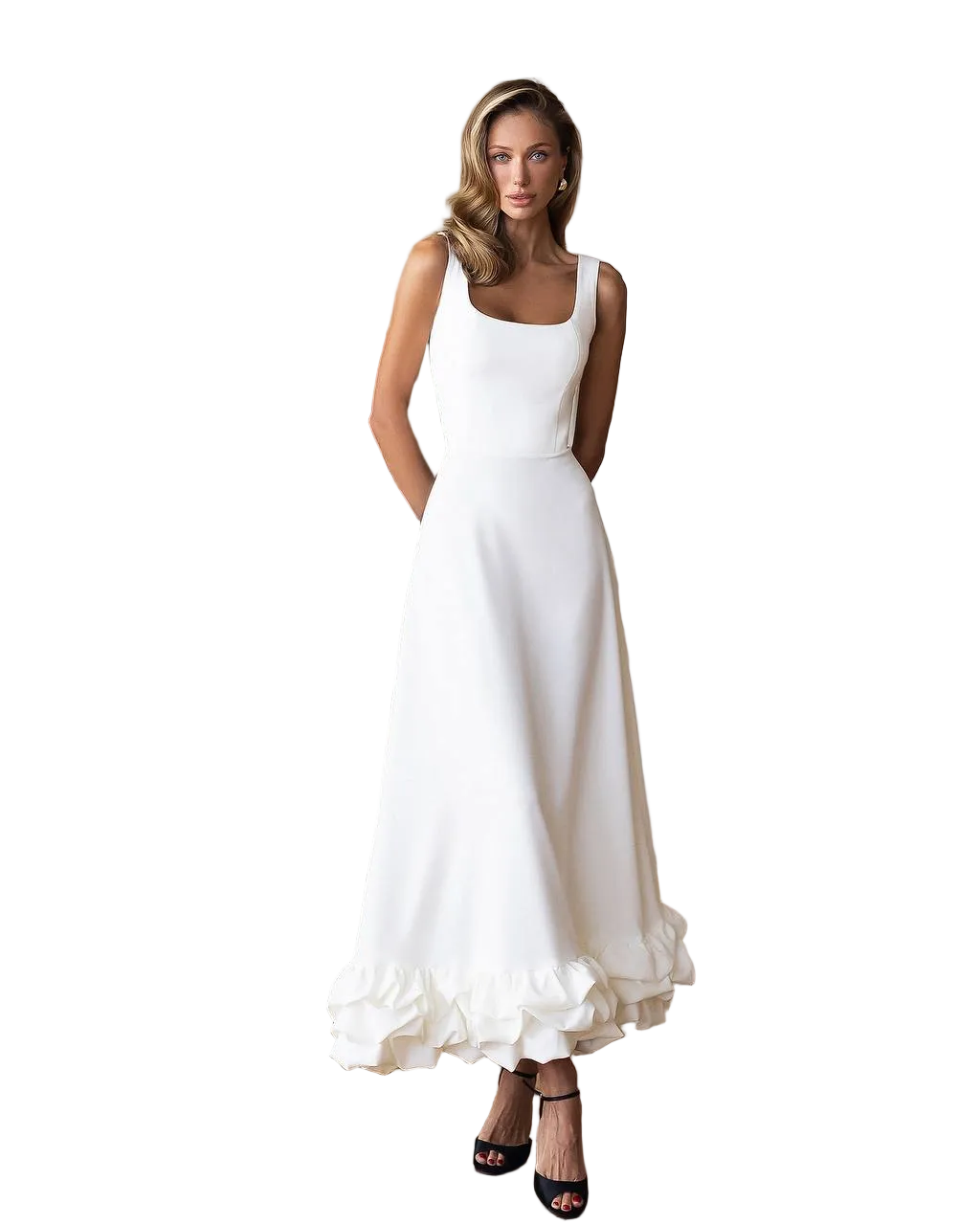 White Crepe Diagonal Dress Sleeveless A Line Ruffle Hem