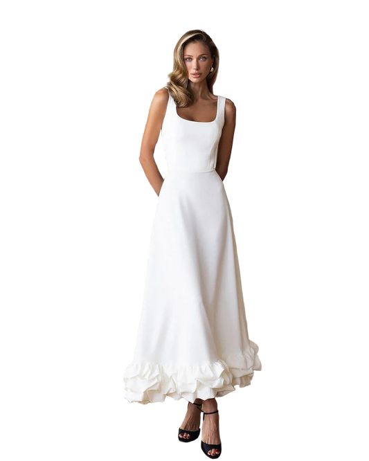 White Crepe Diagonal Dress Sleeveless A Line Ruffle Hem