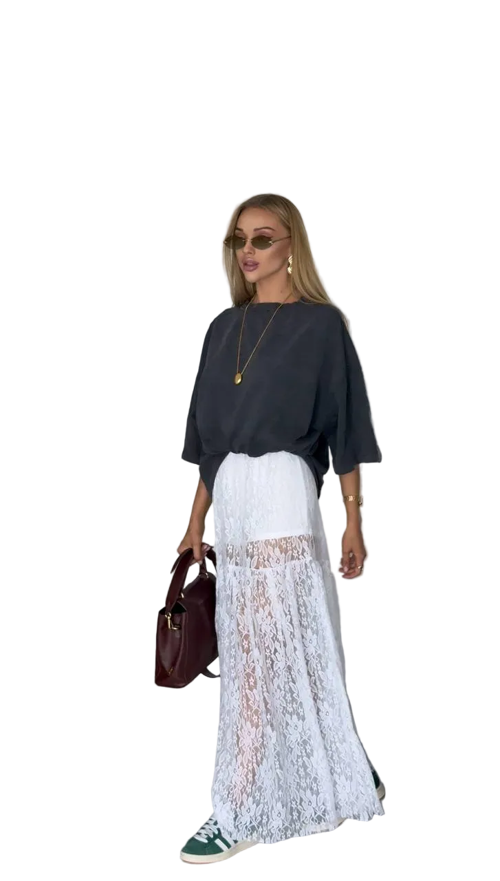 White Lace Maxi Skirt Women Sheer Boho Layered Long Skirt