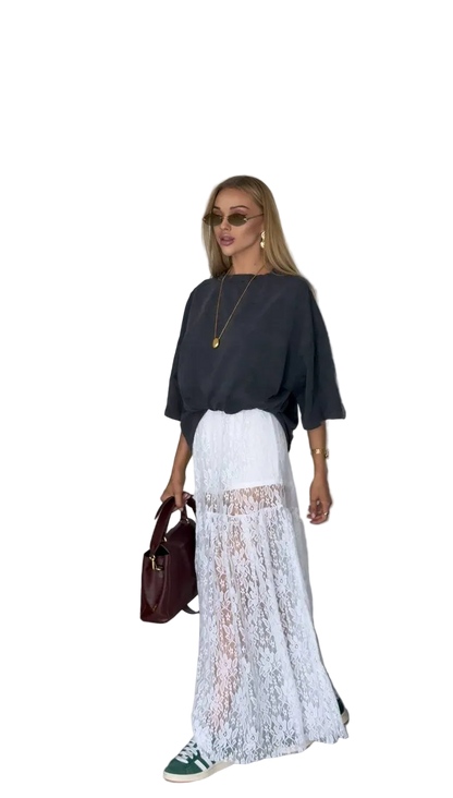 White Lace Maxi Skirt Women Sheer Boho Layered Long Skirt