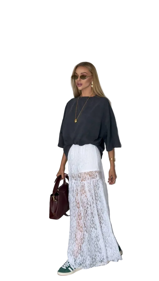 White Lace Maxi Skirt Women Sheer Boho Layered Long Skirt