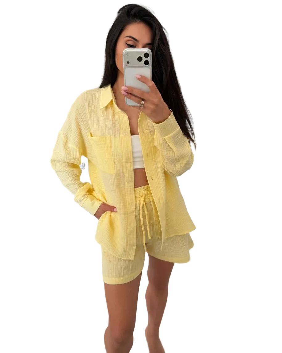 Yellow Muslin Two Piece Women Suit Shirt and Shorts Set