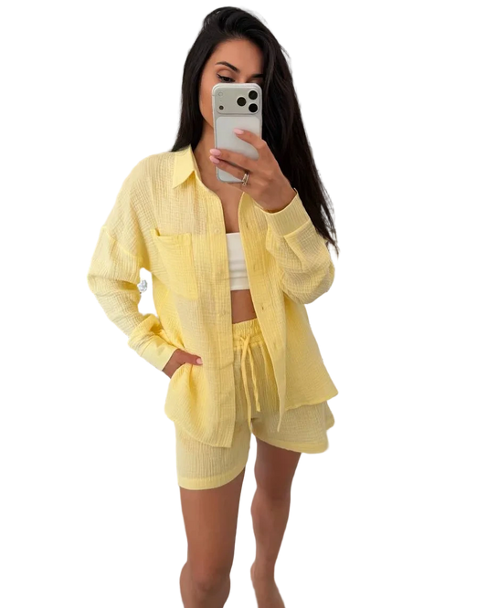 Yellow Muslin Two Piece Women Suit Shirt and Shorts Set