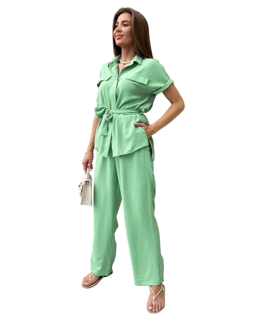 Women Two Piece Suit Mint Green American Crepe Knit Loose Shirt And Elastic Waist Pants