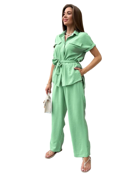 Women Two Piece Suit Mint Green American Crepe Knit Loose Shirt And Elastic Waist Pants