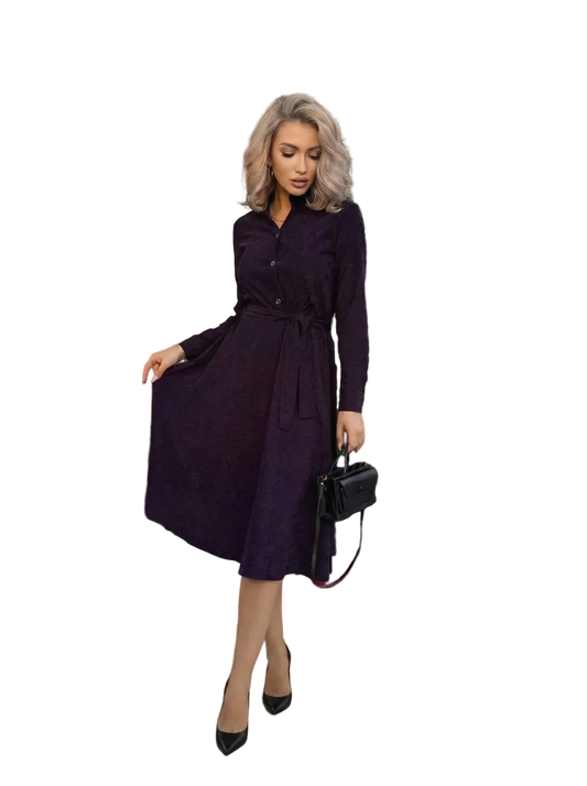 Plum Microvelvet Midi Dress Long Sleeve Belted Shirt Dress Elegant