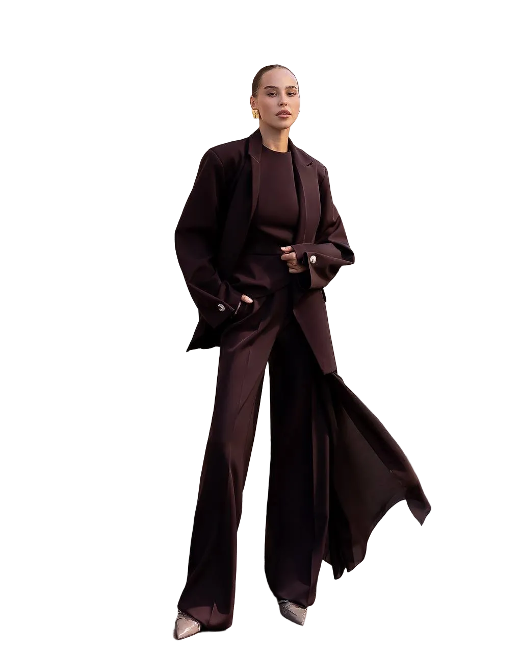 Womens Chocolate Crepe Diagonal Blazer Longline Oversized Tailored Jacket
