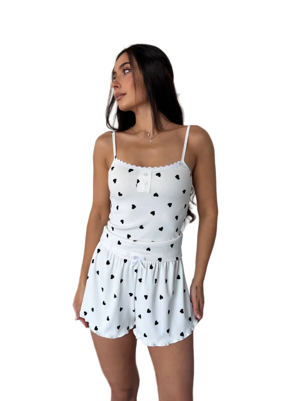 White Heart Print Pajama Set Women Soft Lace Trim Spaghetti Strap Sleepwear