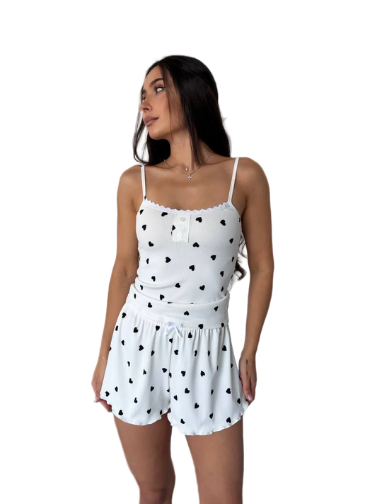 White Heart Print Pajama Set Women Soft Lace Trim Spaghetti Strap Sleepwear