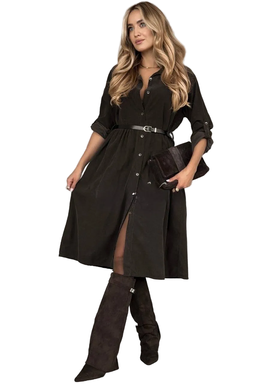 Microvelvet Button-Down Belted Midi Dress Dark Brown
