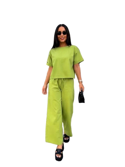 Linen Two Piece Suit Women Lime Green Wide Leg Palazzo Pants Boxy Short Sleeve Top
