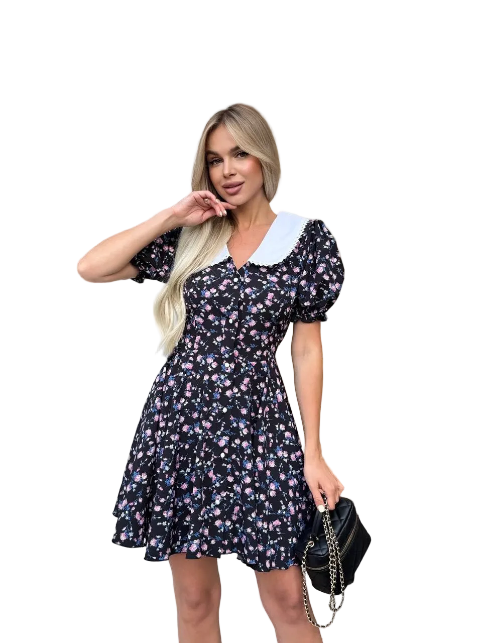 Black Floral Summer Dress White Peter Pan Collar Puff Sleeves Super Soft