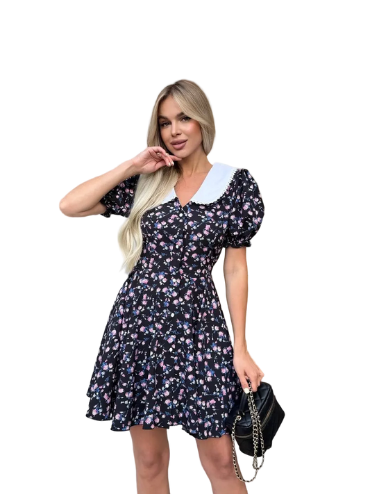 Black Floral Summer Dress White Peter Pan Collar Puff Sleeves Super Soft