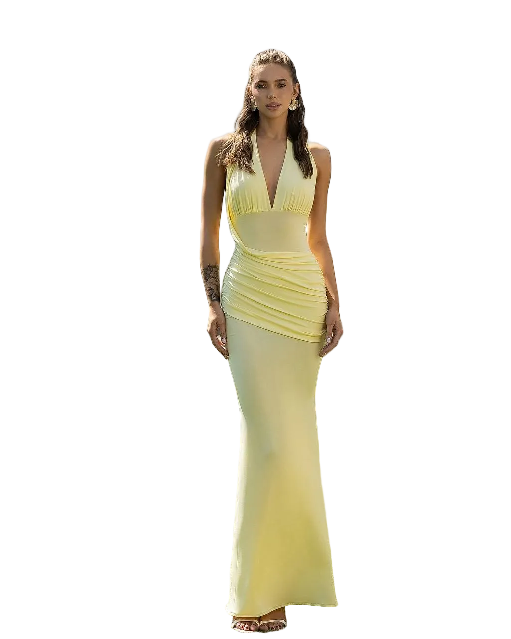 Yellow Halter Plunge Ruched Mermaid Dress Dense Butter Knitwear