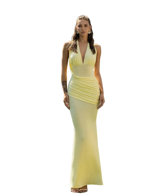 Yellow Halter Plunge Ruched Mermaid Dress Dense Butter Knitwear