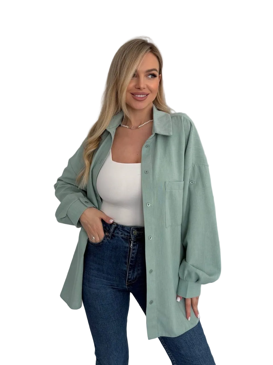 Oversized Linen Shirt for Women Mint Green Long Sleeve Button Front
