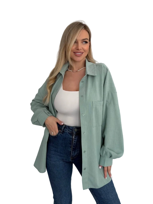 Oversized Linen Shirt for Women Mint Green Long Sleeve Button Front