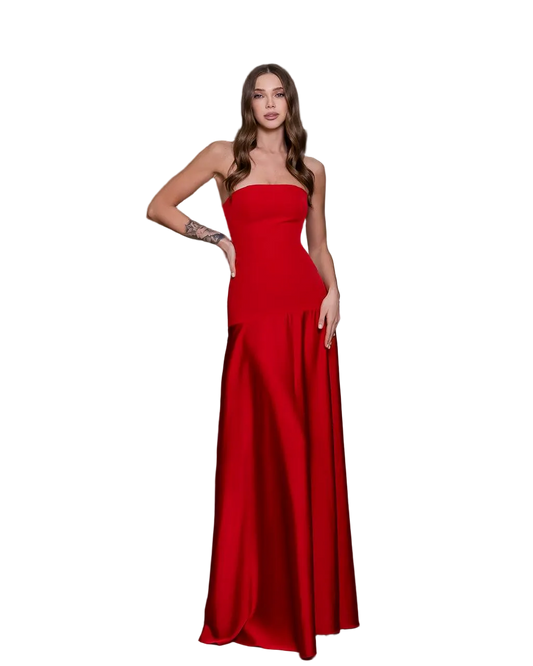 Red Strapless Slip Dress Satin Evening Gown Crepe Premium Long Formal