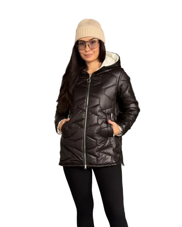 Women Quilted Shiny Hooded Puffer Jacket Black Two Way Zipper