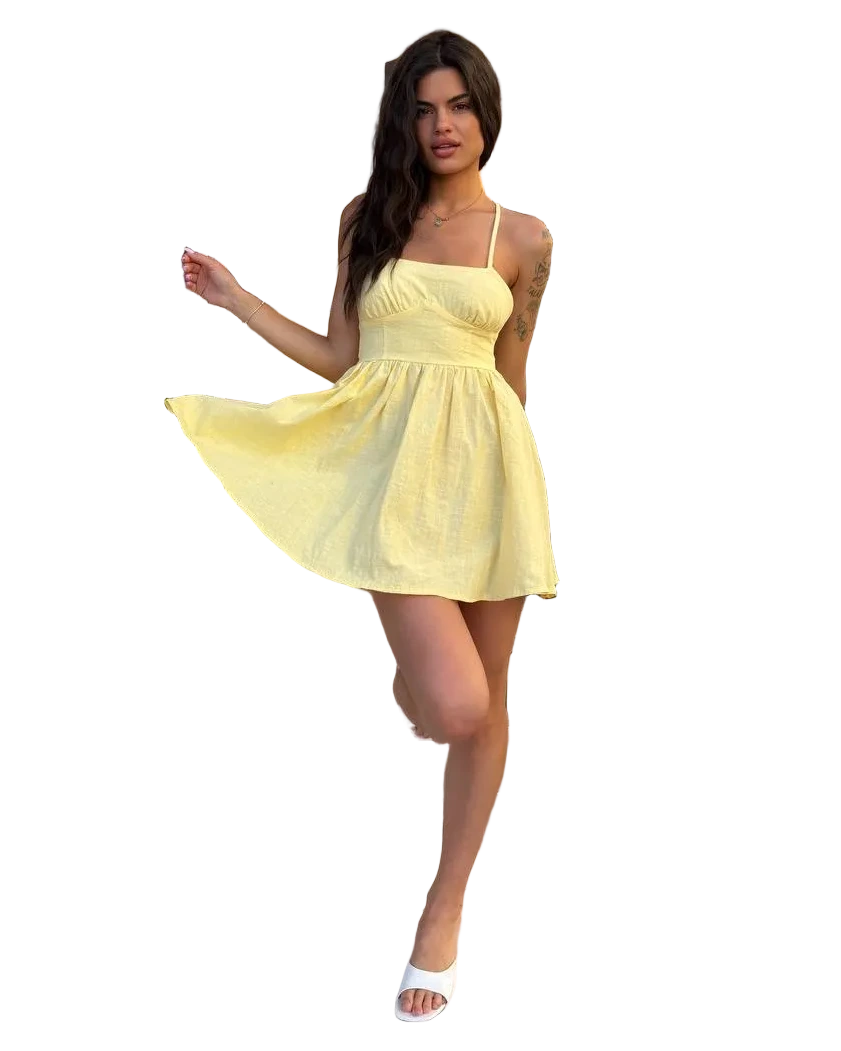 Yellow Linen Sundress Adjustable Straps Lightweight A Line Summer Dress