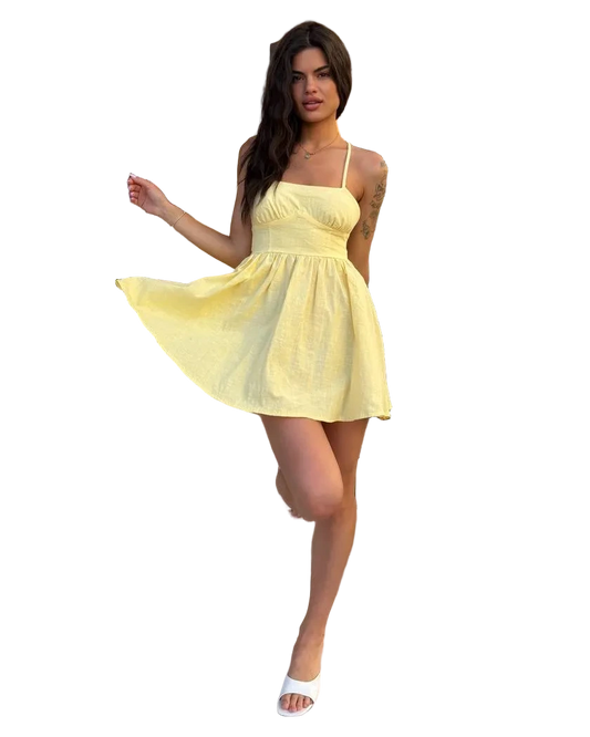Yellow Linen Sundress Adjustable Straps Lightweight A Line Summer Dress