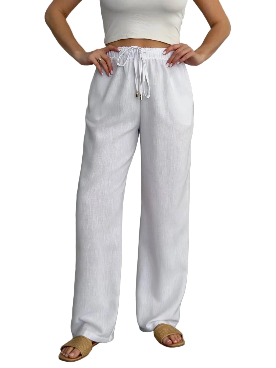 White Linen Wide Leg Trousers Women Loose Drawstring Waist
