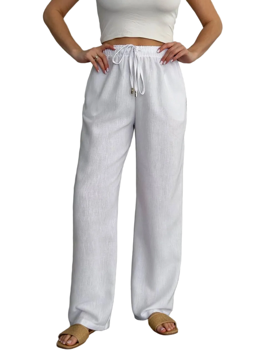 White Linen Wide Leg Trousers Women Loose Drawstring Waist