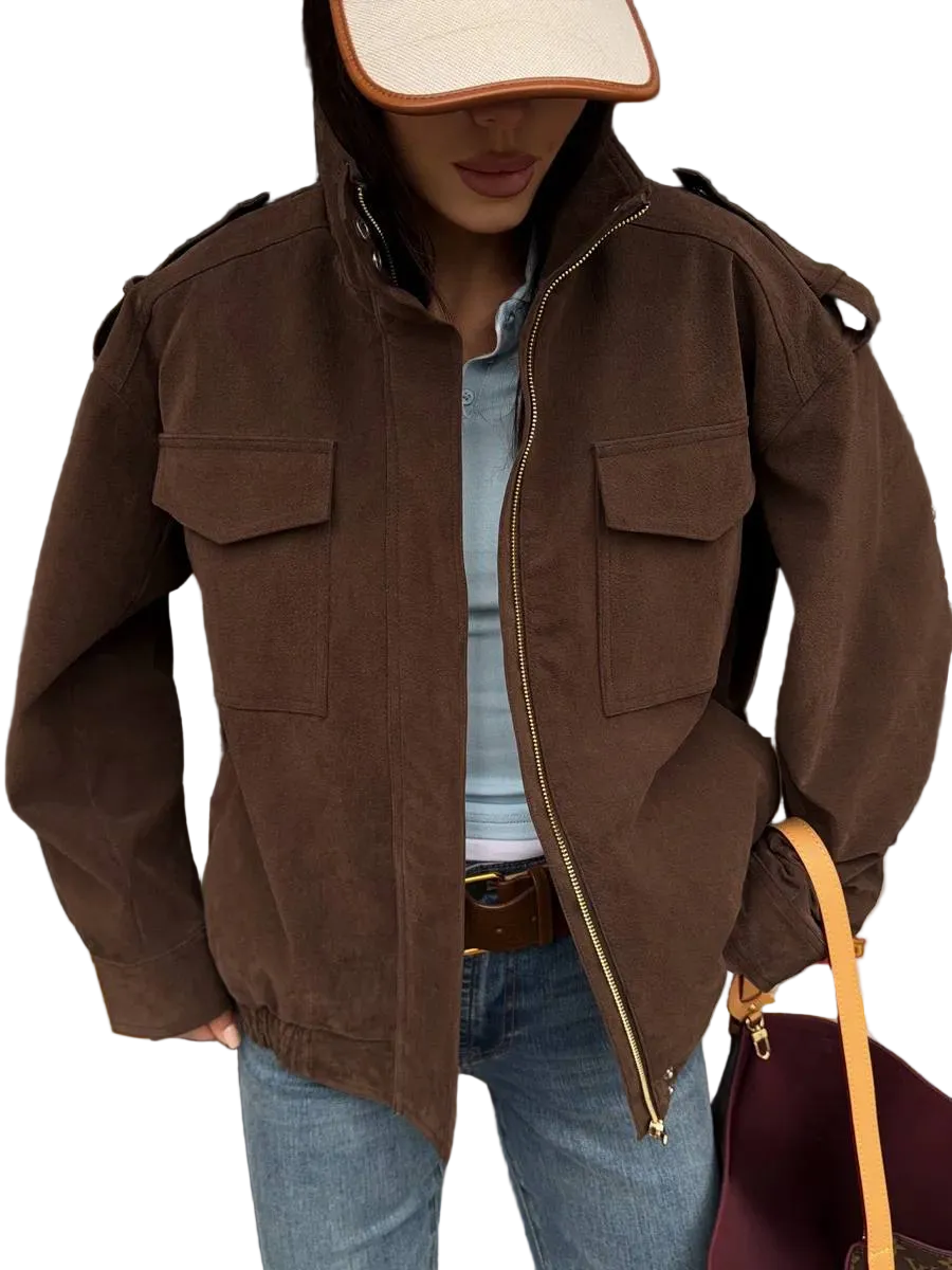 Oversized Womens Bomber Jacket Chocolate Brown Zip Front Pocket Detail