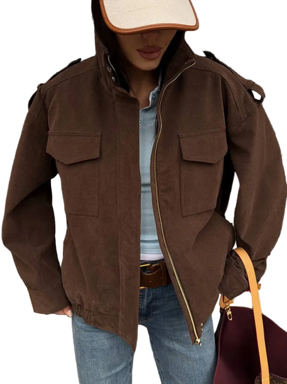 Oversized Womens Bomber Jacket Chocolate Brown Zip Front Pocket Detail