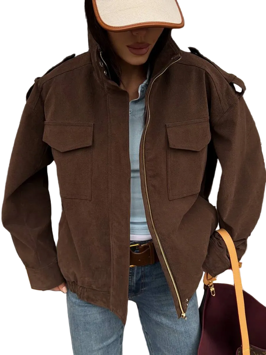 Oversized Womens Bomber Jacket Chocolate Brown Zip Front Pocket Detail