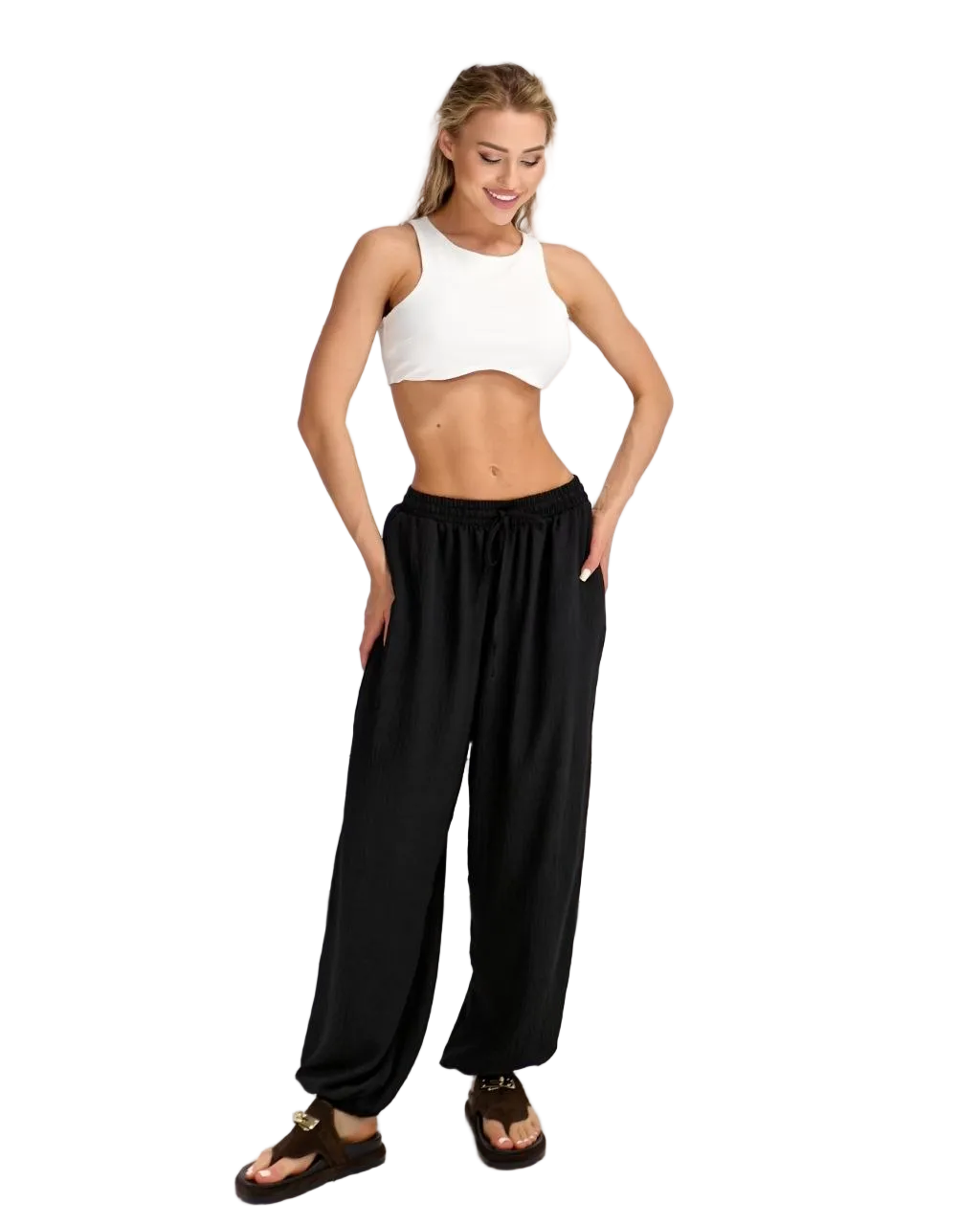 Black Oversize Summer Trousers Women Loose Wide Leg Lightweight American Crepe