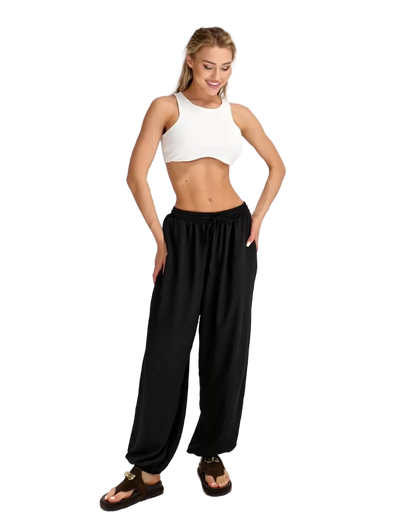 Black Oversize Summer Trousers Women Loose Wide Leg Lightweight American Crepe