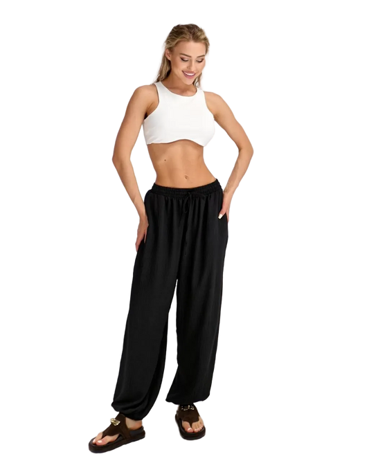 Black Oversize Summer Trousers Women Loose Wide Leg Lightweight American Crepe