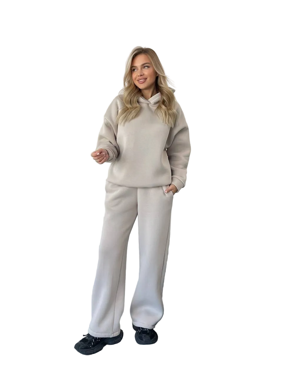 Beige Fleece Tracksuit Womens Hoodie Set Turkish Cotton Blend Loungewear