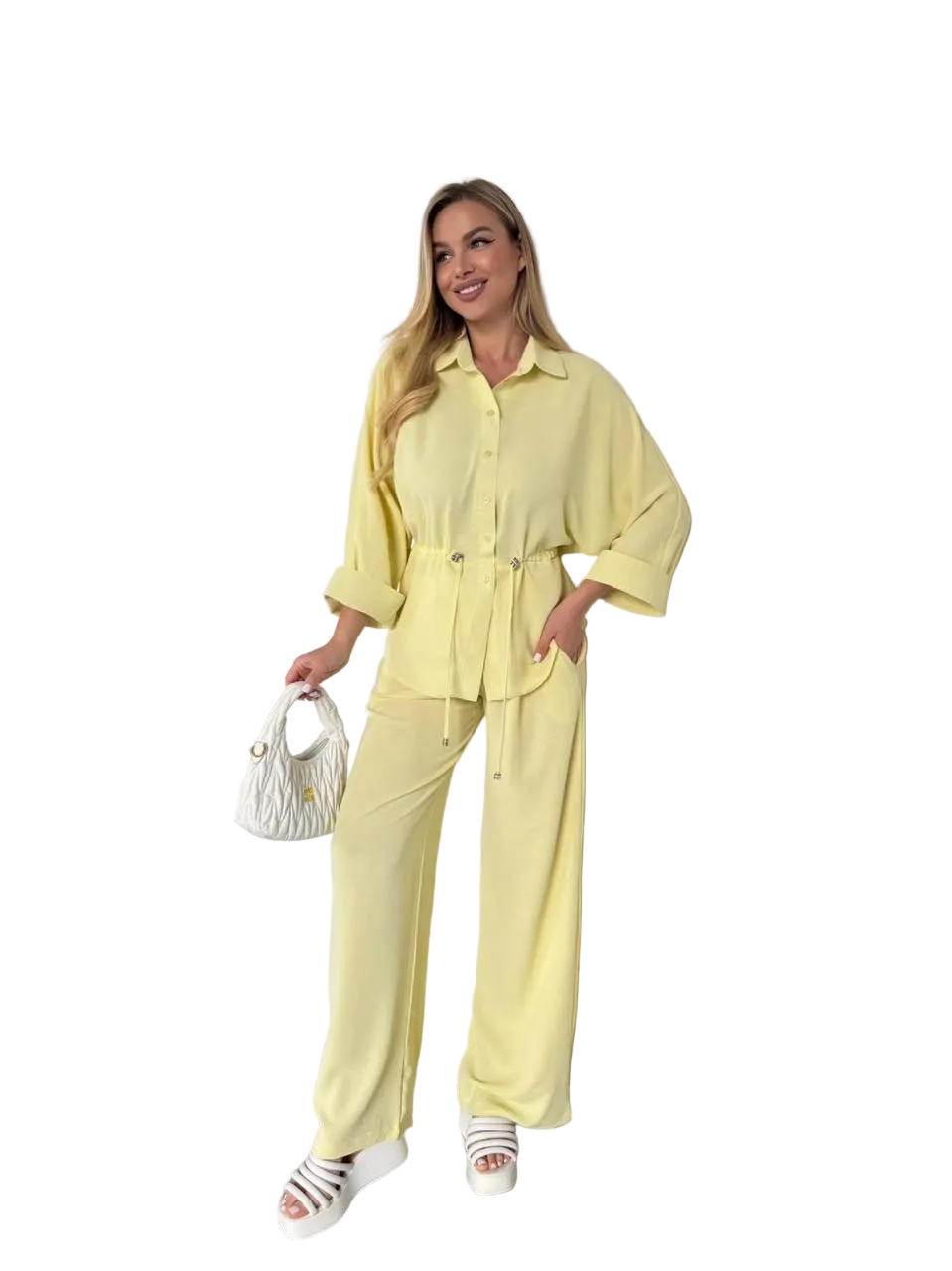 Womens Two Piece Suit Light Yellow Krep Zhatka Relaxed Shirt and Wide Leg Pants