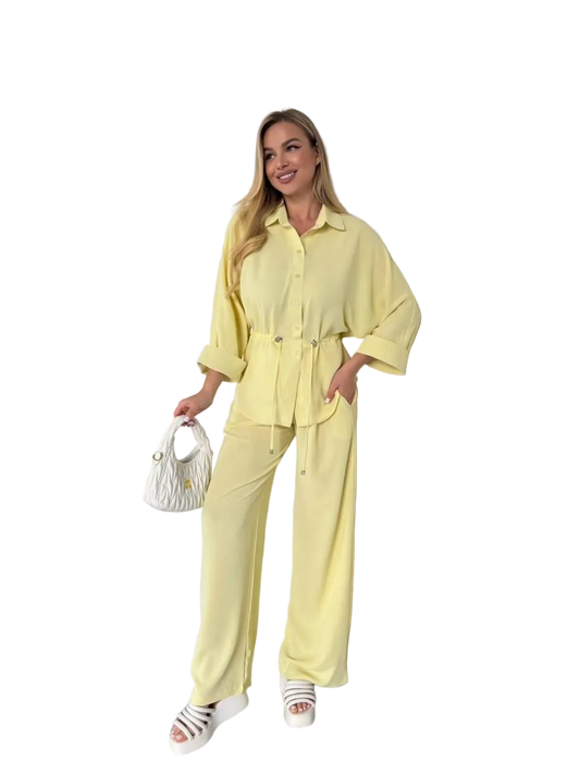 Womens Two Piece Suit Light Yellow Krep Zhatka Relaxed Shirt and Wide Leg Pants