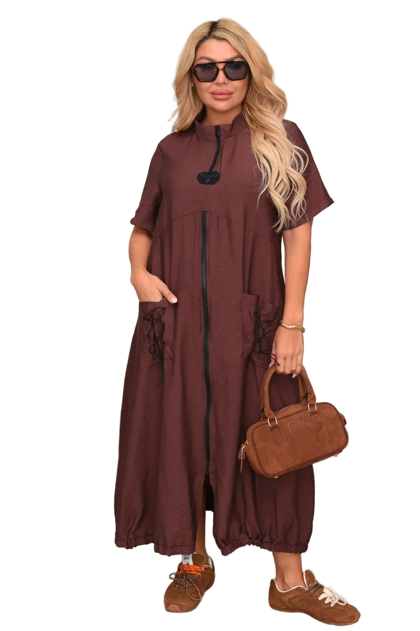 Brown Crinkled Linen Maxi Dress Zipper Front Pockets Drawstring Back Casual