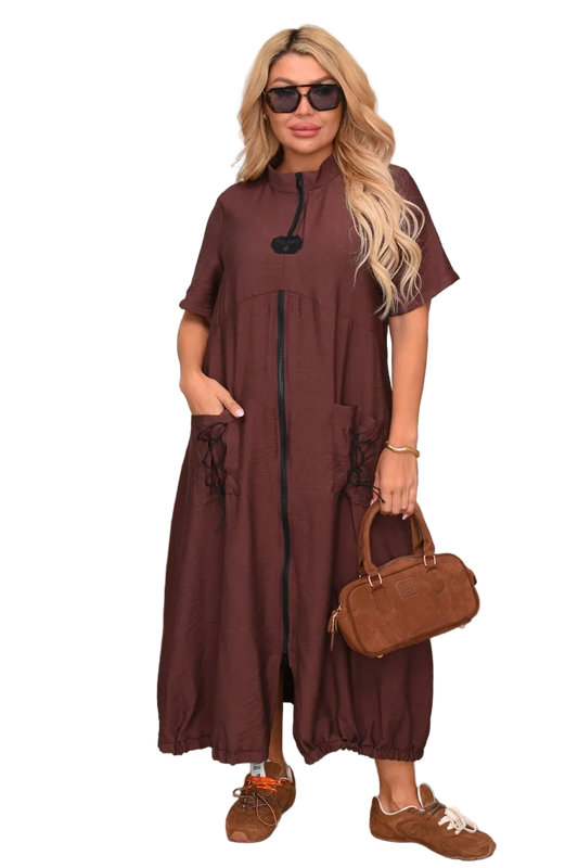 Brown Crinkled Linen Maxi Dress Zipper Front Pockets Drawstring Back Casual