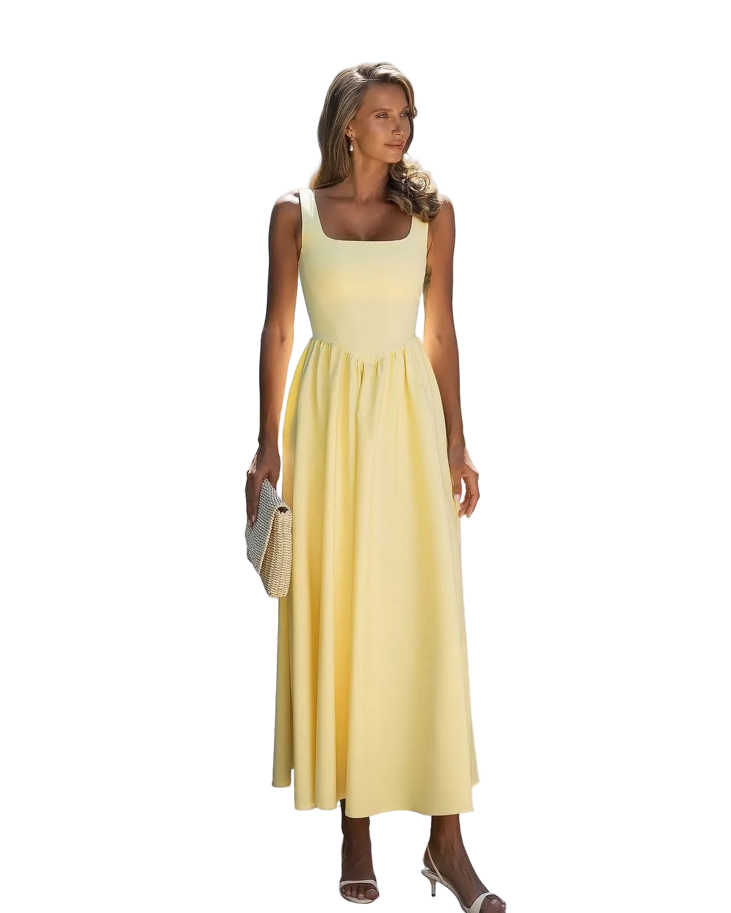Yellow Square Neck Sleeveless Maxi Dress Premium Suiting Crepe