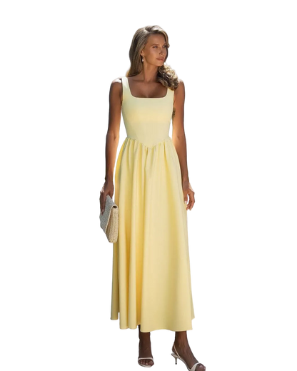 Yellow Square Neck Sleeveless Maxi Dress Premium Suiting Crepe