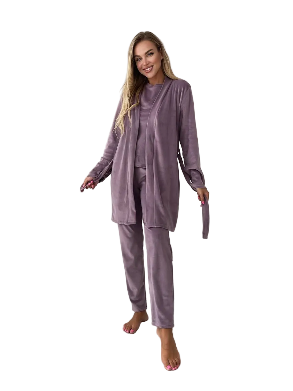 Women Three Piece Pajama Set Mauve Soft Stretch Loungewear Robe Top Pants