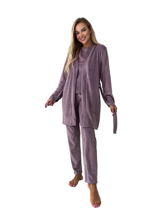 Women Three Piece Pajama Set Mauve Soft Stretch Loungewear Robe Top Pants