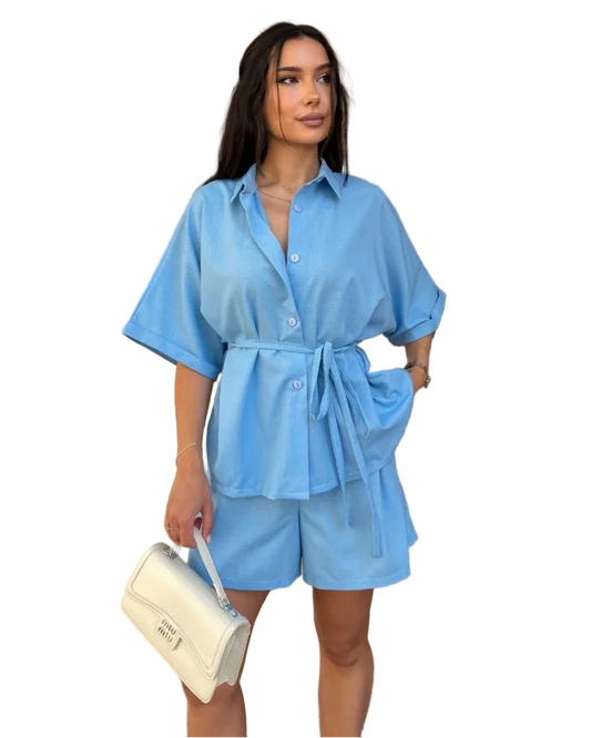 Light Blue Linen Two Piece Set Oversized Shirt and Shorts Women Summer Suit