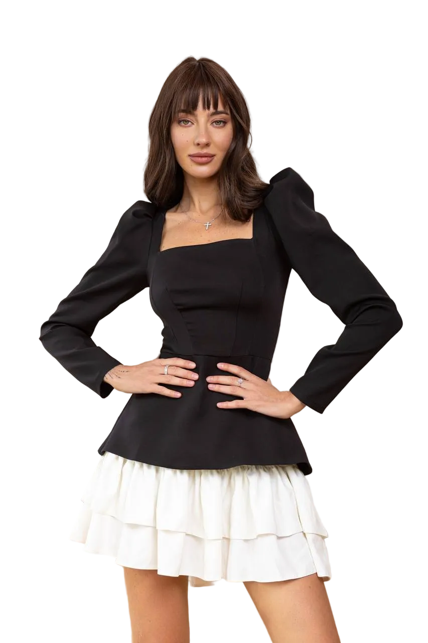 Black and White Peplum Dress Square Neck Puff Sleeve Tiered Ruffle Skirt Diagonal Crepe