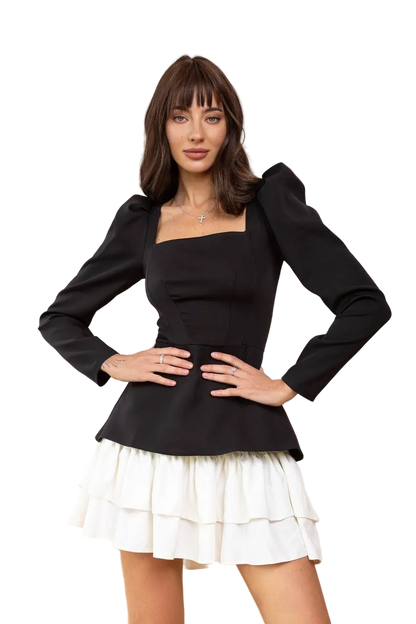 Black and White Peplum Dress Square Neck Puff Sleeve Tiered Ruffle Skirt Diagonal Crepe
